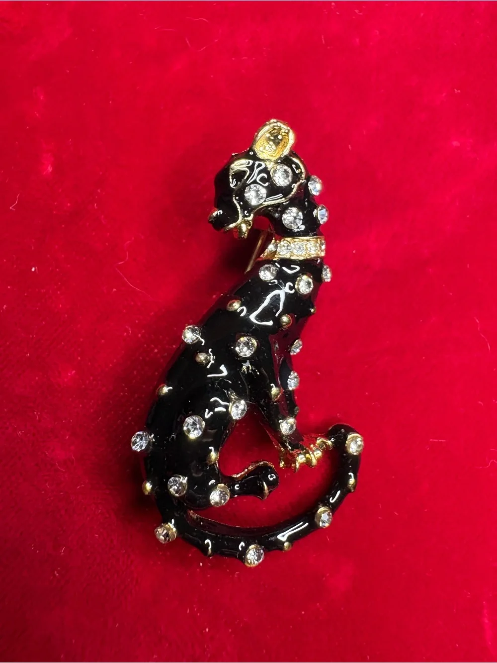 Brooch Pin Cat Black Enamel Rhinestone Accents Gold Elegant Whimsical